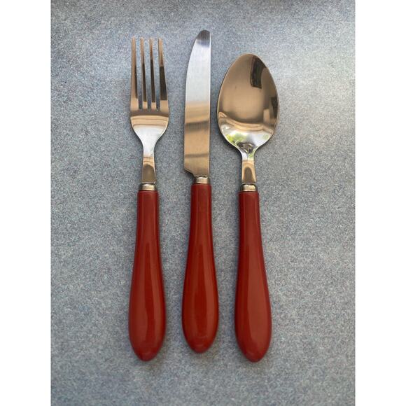 Pier 1 MCM Mauve Acrylic Handle Stainless Steel 3 Piece Flatware Set (2 Avail) - Picture 1 of 10